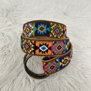 Arloom Handwoven Leather Rancho Ring Belt Maya Guatemala Colorful Boho 40” Long